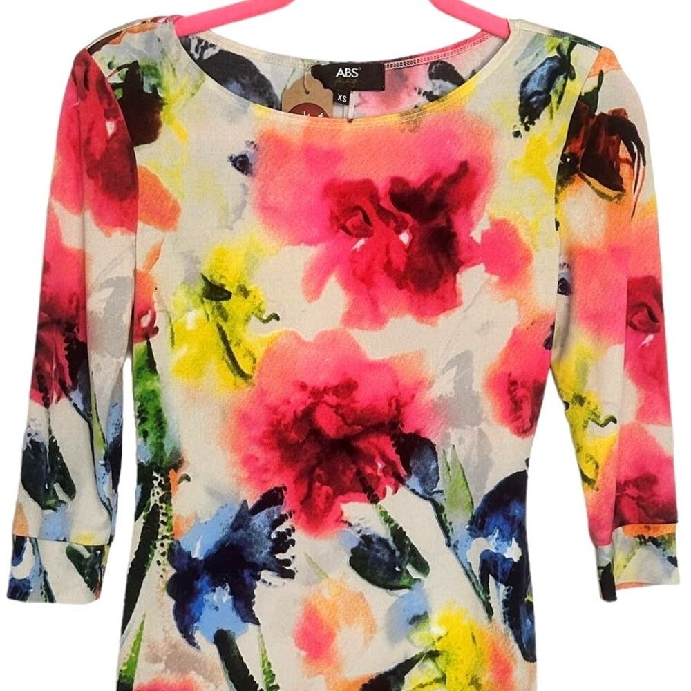 ABS Allen Schwartz Mini Dress Floral Bodycon Colorful Stretch 3/4 Sleeve Size XS - Picture 4 of 11